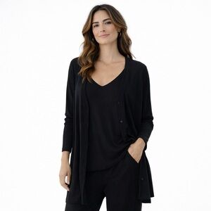 Eileen Fisher Black 100% silk Jersey V Neck Long Tank Top and Cardigan XS